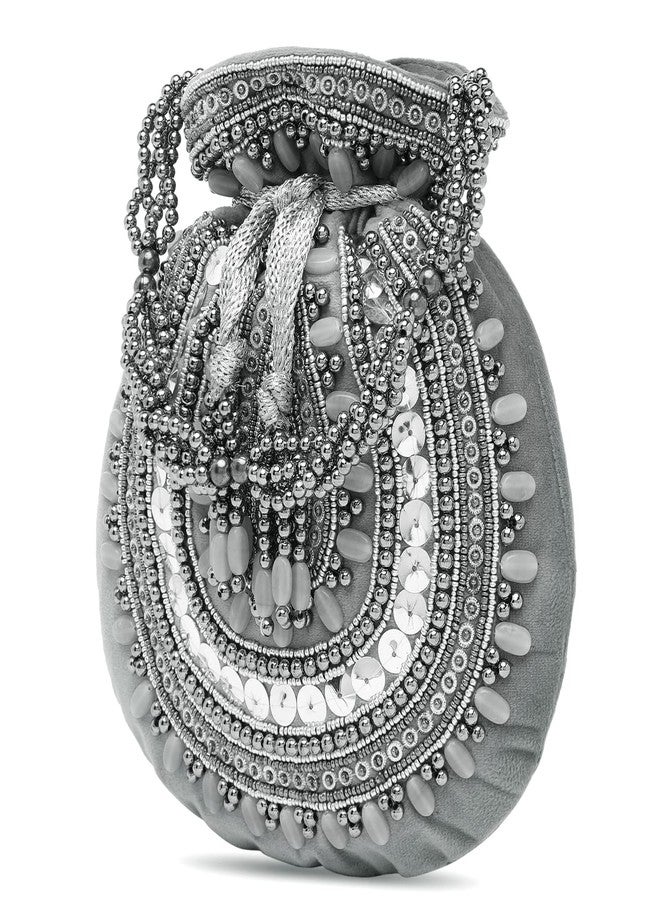 Peora Grey Potli Bags for Women Evening Bag Clutch Ethnic Bride Purse with Drawstring(P92GRY) - Image 4